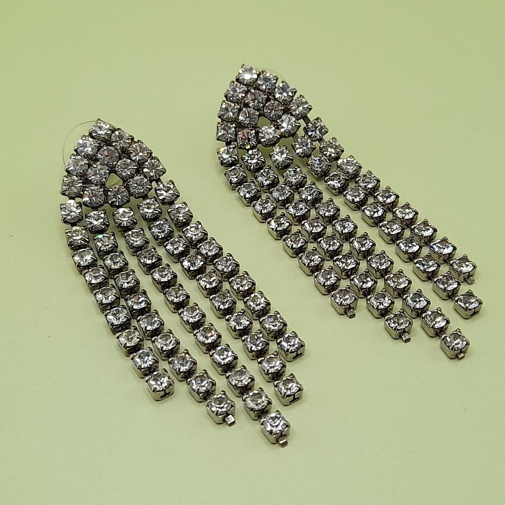Vintage Clear Rhinestone Fringe Post Earrings, 1980s, 2 1/2 Inches - Picture 6 of 9